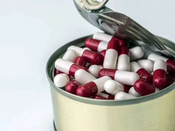 Tin Metal Contains White Pills Red Conceptual Image — Stock Photo, Image