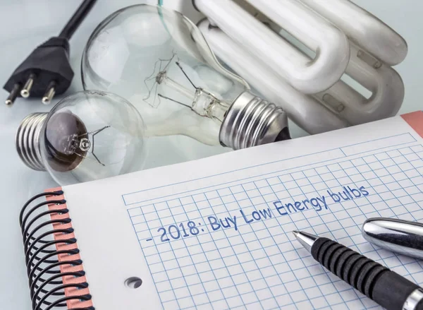 Calculator and money next to a light bulb, writing in agenda year 2018 to buy bulbs of low consumption, the concept of energy saving