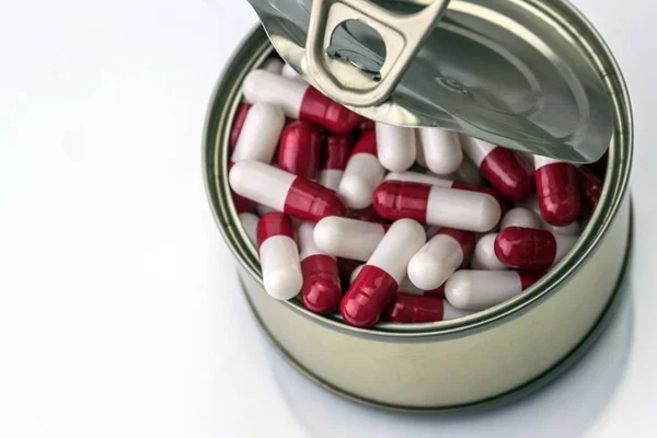 Tin Metal Contains White Pills Red Conceptual Image — Stock Photo, Image