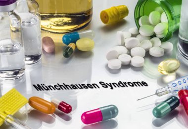 Munchausen syndrome, medicines as concept of ordinary treatment, conceptual image clipart