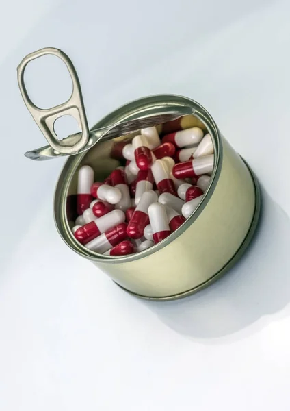 Tin Metal Contains White Pills Red Conceptual Image — Stock Photo, Image