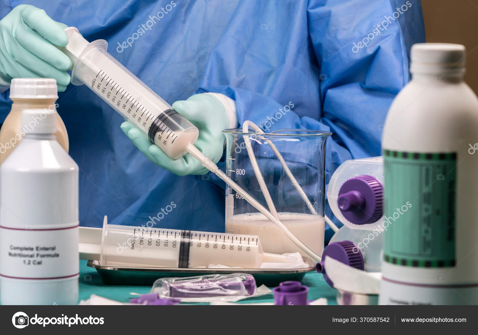 Nurse Extracts Enteral Nutrition Content Syringe Pailative Care ...