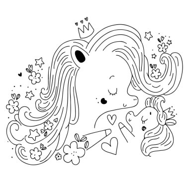 Bebeğiyle birlikte şirin bir tek boynuzlu at. Siyah beyaz illüstrasyon 