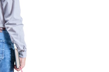 Müdürü / yöneticisi ofiste, üst kat bina ile sonraki beyaz duvar arka plan.