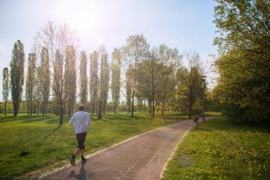 Orta yaşlı bir adam parkta koşuyor, koşuyor: fiziksel egzersiz.