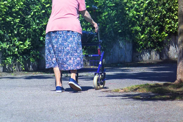 Wheels Yürüyen Çerçeve Sokakta Yürüyen Bir Kadını Iten Kadın Insan — Stok fotoğraf