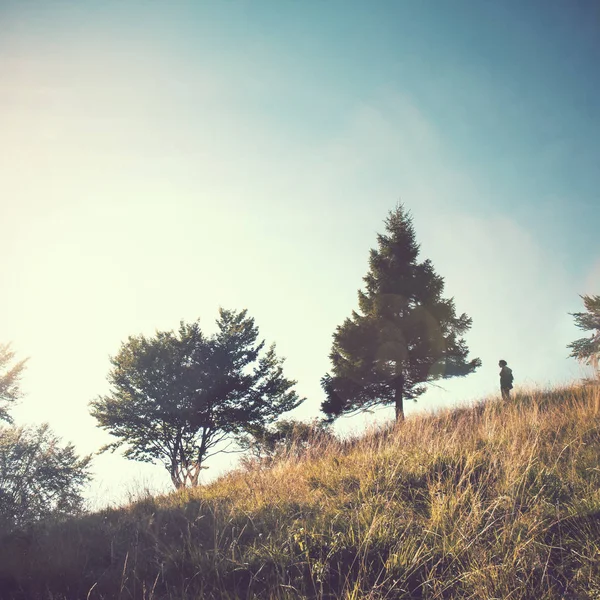 squared picture of woman in the mountain, outdoor activity vintage effect