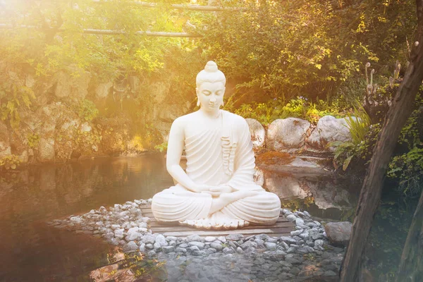 Buda bilinci ışığı. Buda heykeli suyun yakınındaki doğada meditasyon yapıyor.