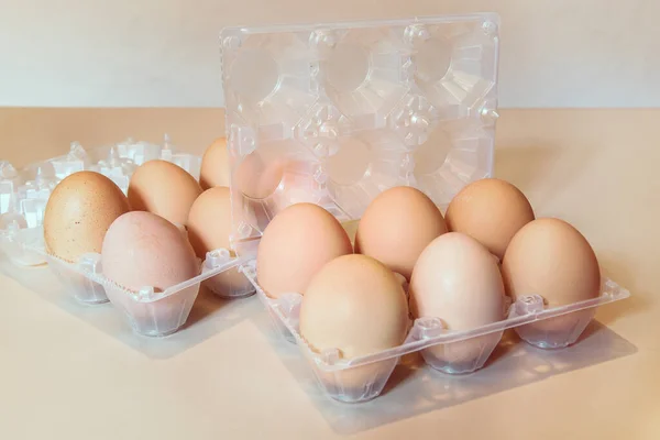 Μια Ομάδα Αυγών Ένα Πλαστικό Κουτί Νωπά Αποθηκευμένα Τρόφιμα — Φωτογραφία Αρχείου