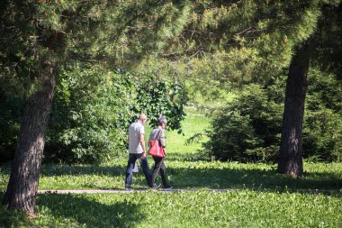 Yaşlı çift parkta yürüyor, emeklilik hayatı konsepti