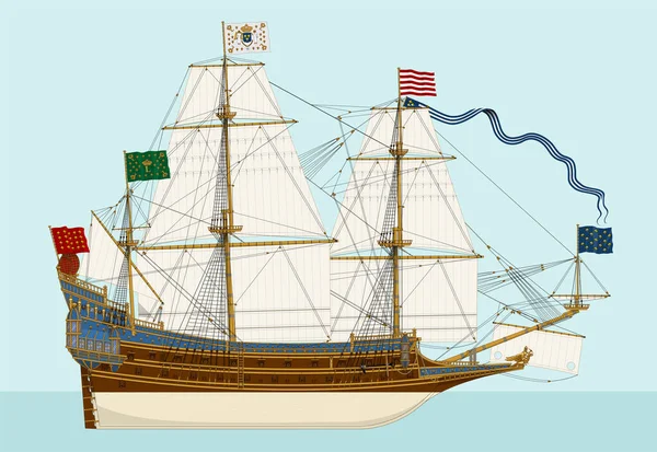 Zeichnung Des Französischen Kriegsschiffs Couronne 1636 Auf Blauem Hintergrund Schiffbaugeschichte — Stockfoto