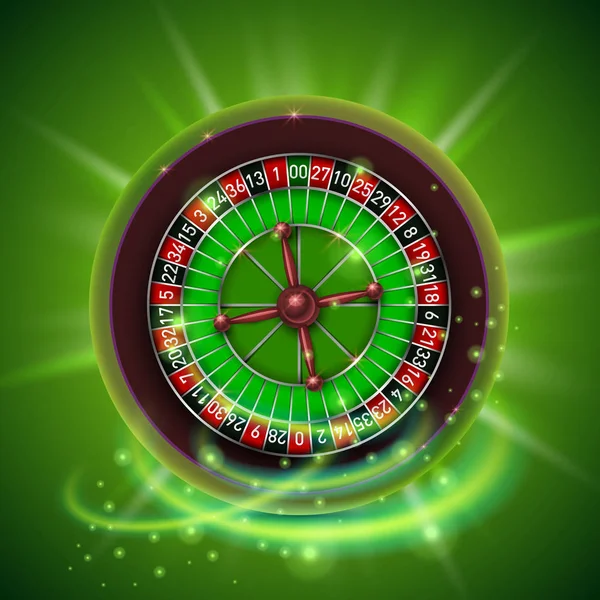 Rueda realista de ruleta de juego de casino, aislado sobre fondo verde . — Vector de stock