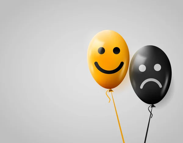幸せ、悲しい顔。黄色と黒の風船. — ストックベクタ