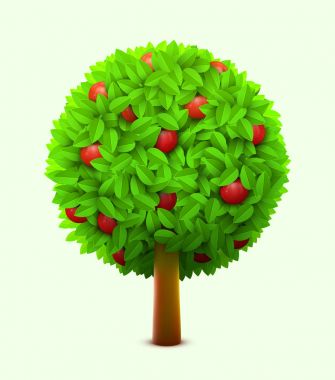 Yeşil yaprakları ve kırmızı olgun elma ile tatlı elma ağacı. Gerçekçi yaz ağaç. Eko hasat kavramı.