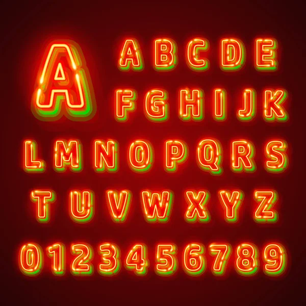 Rot fluoreszierende Neonschrift auf dunklem Hintergrund. Nachtlicht-Alphabet. Vektorillustration. — Stockvektor