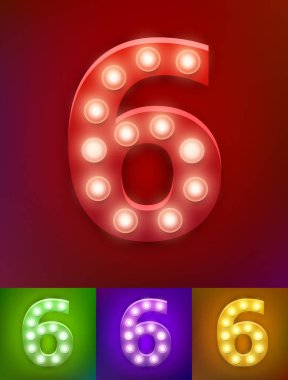 Vektör çizim gerçekçi eski lamba alfabesi ışığı kartı için. Vintage vegas göstermek tipografi. Sayı 6