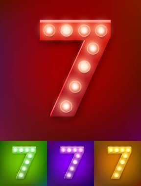 Vektör çizim gerçekçi eski lamba alfabesi ışığı kartı için. Vintage vegas göstermek tipografi. 7 numaralı