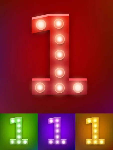 Illustration vectorielle de l'alphabet réaliste de la vieille lampe pour tableau lumineux. Vintage vegas show typographie. Numéro 1 — Image vectorielle