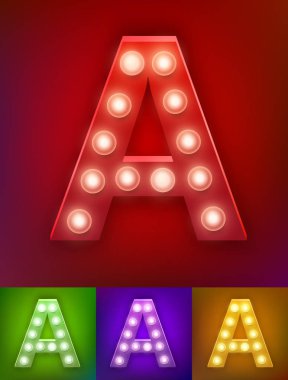 Vektör çizim gerçekçi eski lamba alfabesi ışığı kartı için. Vintage vegas göstermek tipografi. A harfi