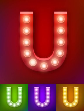 Vektör çizim gerçekçi eski lamba alfabesi ışığı kartı için. Vintage vegas göstermek tipografi. U Harfi