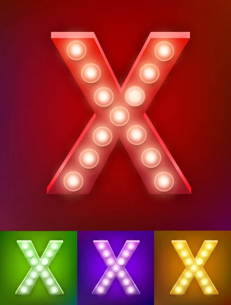 Illustration vectorielle de l'alphabet réaliste de la vieille lampe pour tableau lumineux. Vintage vegas show typographie. Lettre X — Image vectorielle