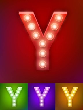 Vektör çizim gerçekçi eski lamba alfabesi ışığı kartı için. Vintage vegas göstermek tipografi. Y harfi