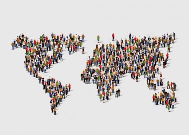 Bir grup insan dünya haritası şeklinde. Küreselleşme, nüfus, sosyal kavramı.