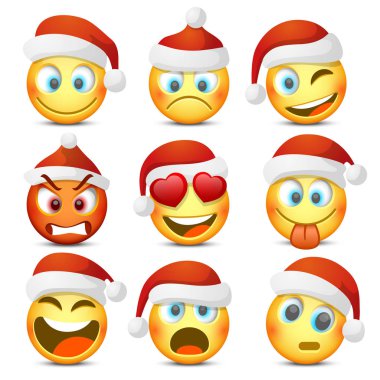 Emoji ve üzgün yeni yıl şapka ikonu seti. Vektör illüstrasyonu