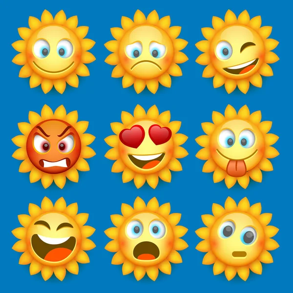 Emoji-Sonne und trauriges Symbol gesetzt. Vektorillustration — Stockvektor