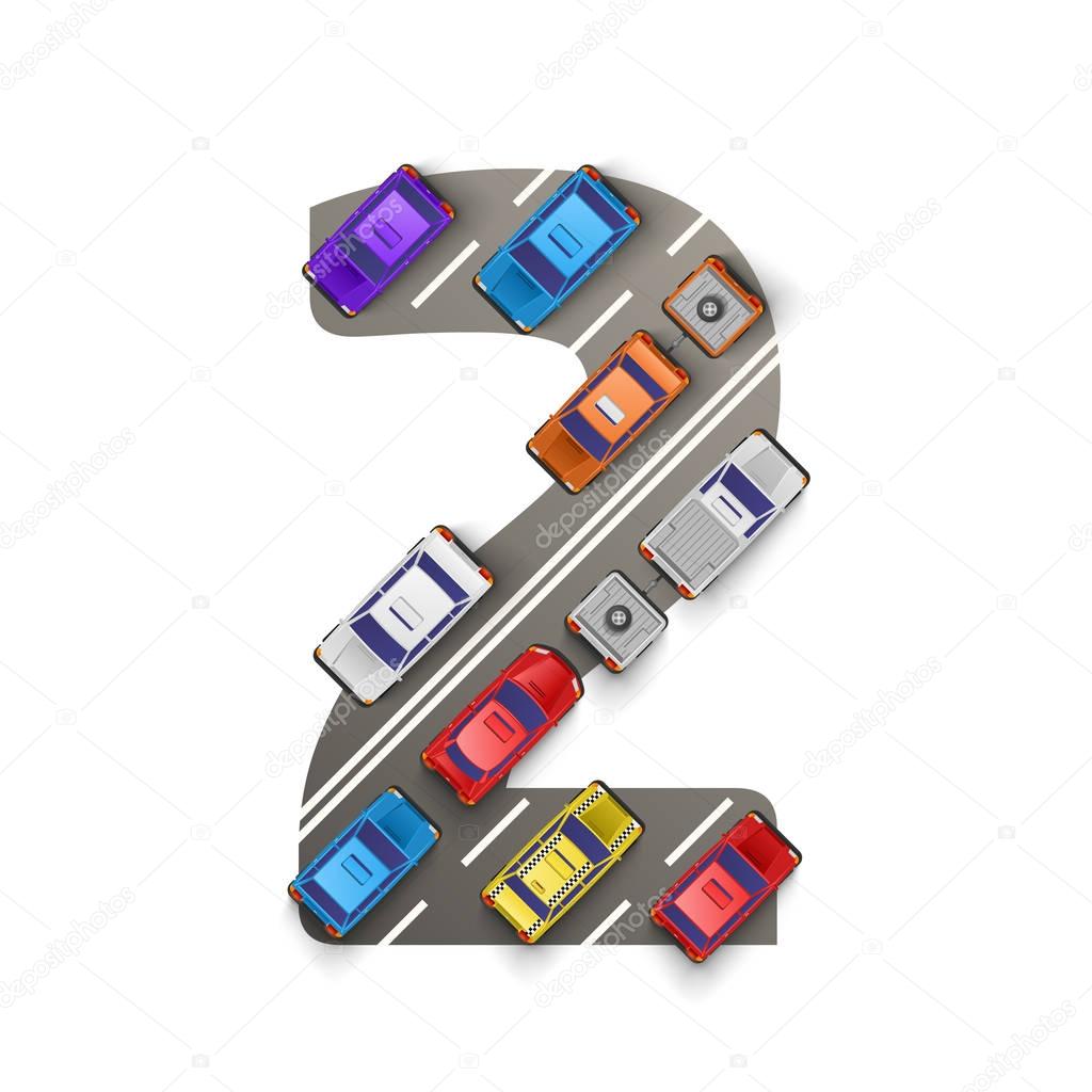 Road with cars in the form of number two. Vector illustration