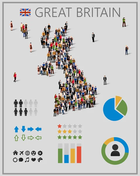 Gran grupo de personas en forma de mapa de Gran Bretaña con elementos de infografía . — Vector de stock