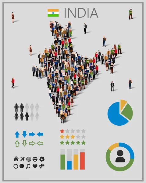 Stor grupp människor i Indien karta med infographics element. Bakgrunden för presentation. — Stock vektor