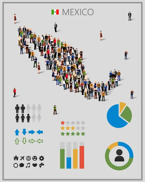 Gran grupo de personas en forma de mapa de México con elementos de infografía . — Vector de stock