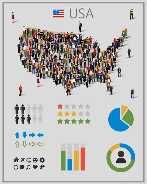 Große gruppe von menschen in vereinigten staaten von amerika oder usa karte mit elementen der infografik. — Stockvektor
