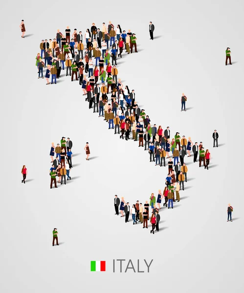 Grande gruppo di persone in forma di mappa Italia con elementi infografici. Mappa Italia. Contesto della presentazione . — Vettoriale Stock