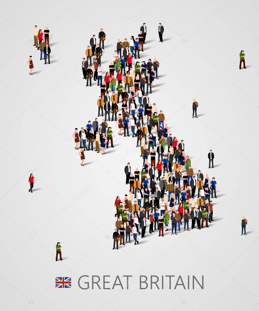 Large group of people in form of Great Britain map. United kingdom map. Background for presentation.