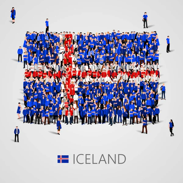 Nagy embercsoport Izland lobogója alakja. Az Izlandi Köztársaság. — Stock Vector