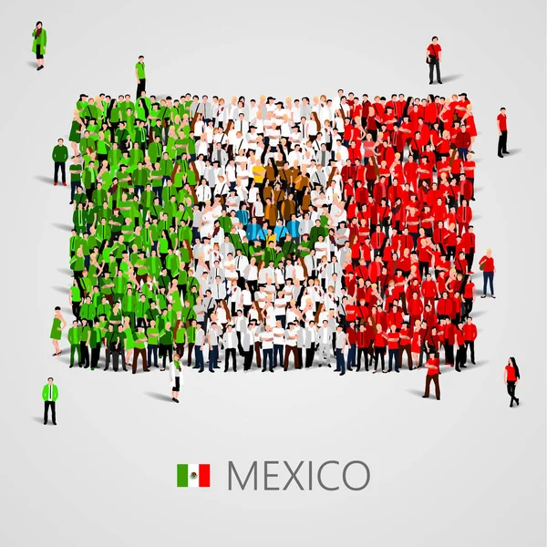 Grande grupo de pessoas em forma de bandeira mexicana. Estados Unidos Mexicanos. Conceito México . —  Vetores de Stock