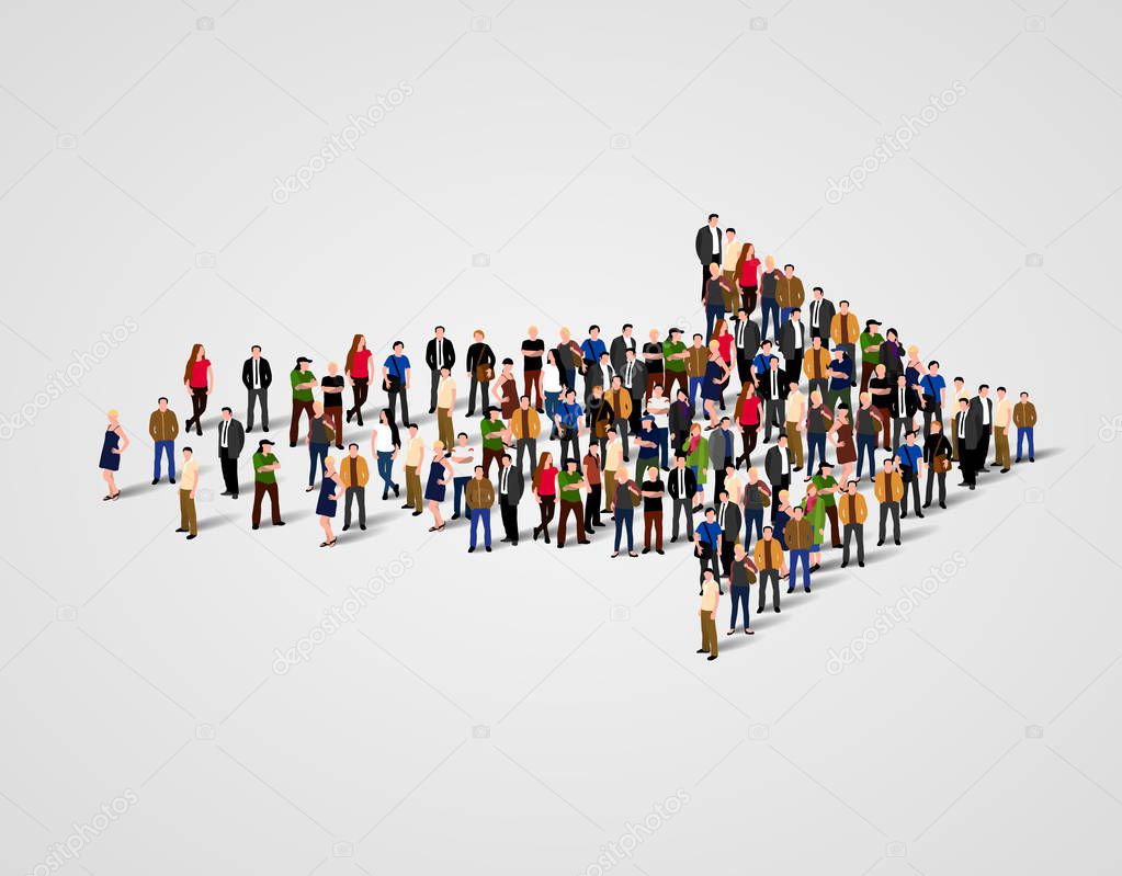 Large group of people crowded in arrow symbol. Way to success business concept.