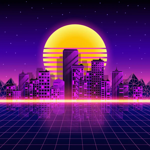 Retro neon sfondo della città. Stile neon anni '80. Illustrazione vettoriale — Vettoriale Stock