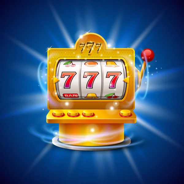 Golden slot machine gagne le jackpot. Isolé sur fond bleu. Illustration vectorielle — Image vectorielle