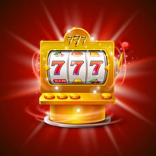 Mesin slot emas memenangkan jackpot. Terisolasi di latar belakang merah. Ilustrasi vektor - Stok Vektor