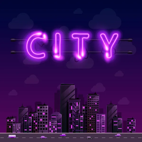 Neon notte città sfondo copertina retrò, vettoriale illustrazione — Vettoriale Stock