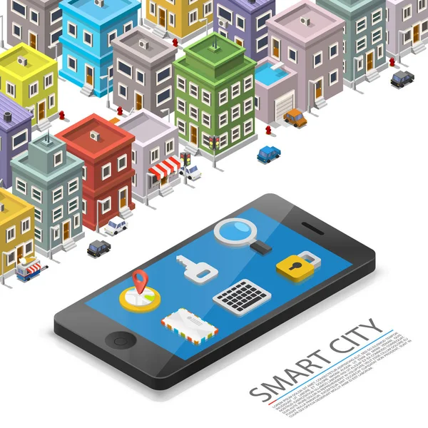 智能城市等距，app 设备标志，白色的背景，矢量图上的对象 — 图库矢量图片