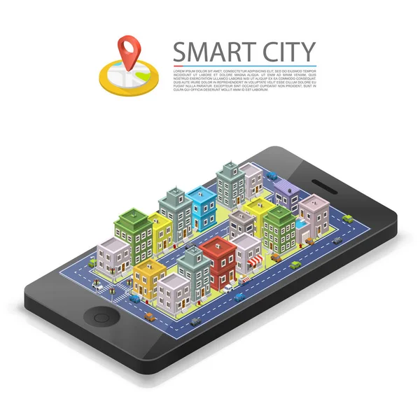 Smart city isométrique, marque de l'appareil app, objet sur fond blanc, illustration vectorielle — Image vectorielle