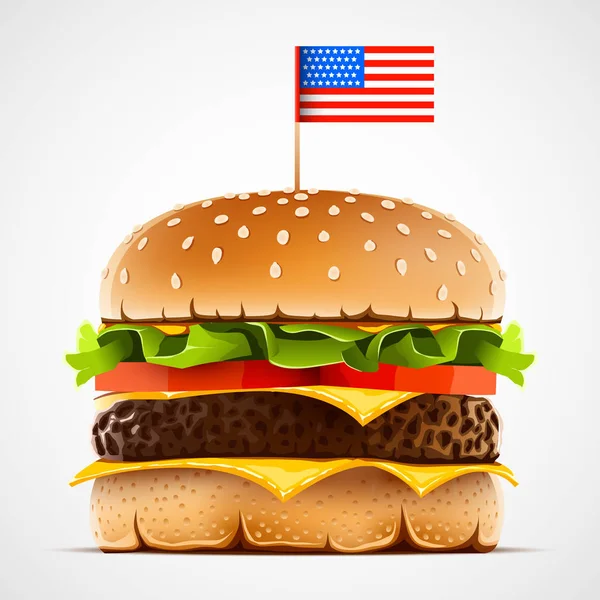 Hamburger mit Käsesalat und Tomate. Cheeseburger mit US-Flagge als amerikanisches Lebensmittel-Symbol. — Stockvektor