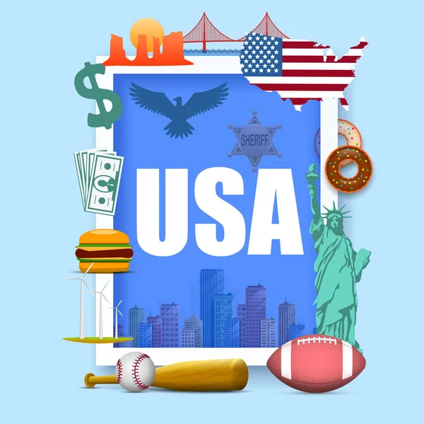 Indsamling af ikoner i USA, Amerika ikoner sæt, Usa samling tegn, vektor illustration – Stock-vektor