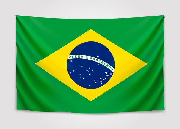 Bandeira pendurada do Brasil. República Federativa do Brasil. Conceito de bandeira nacional brasileira . — Vetor de Stock