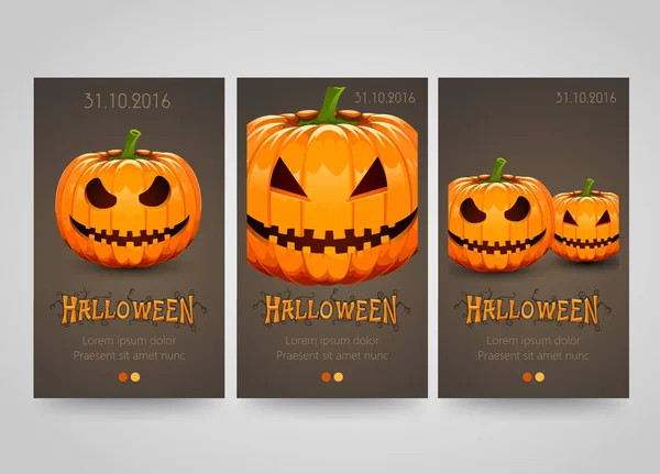 Bannière d'Halloween sertie de citrouilles effrayantes. Poster, flyer ou design de billets. Soirée Halloween . — Image vectorielle