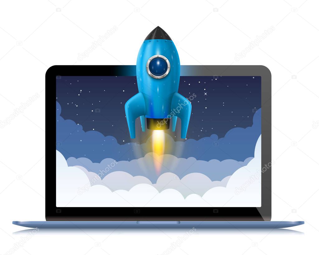 Running a space rocket from a computer, Splash creative idea, Rocket background, Vector illustration